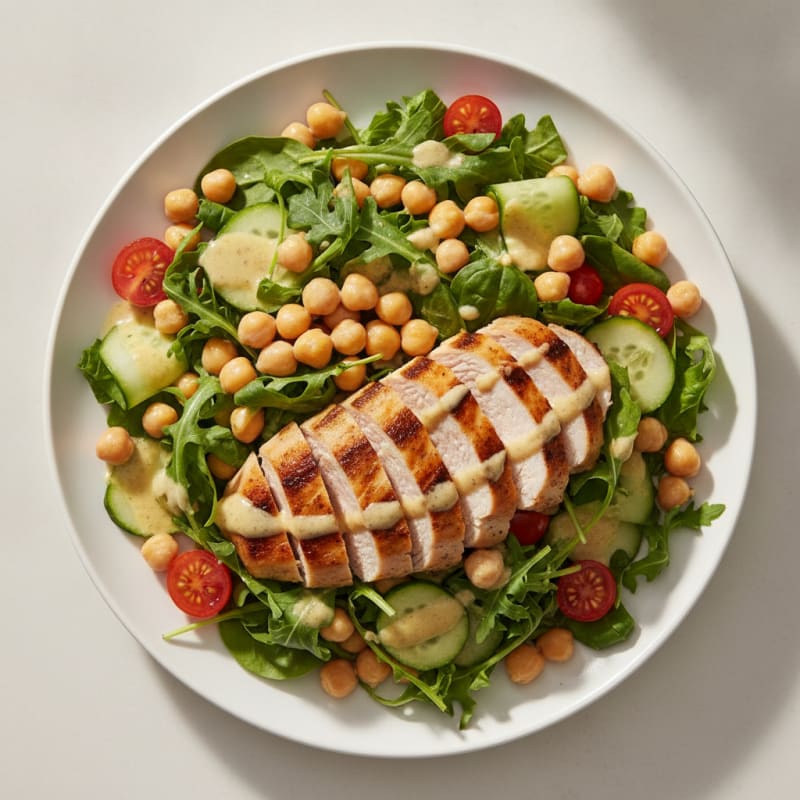 Grilled Turkey Breast Salad with Chickpeas and Lemon-Tahini Dressing