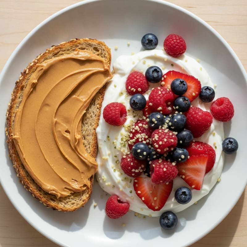 Greek Yogurt Bowl with Mixed Berries, Hemp Seeds and Sprouted Grain Toast with Peanut Butter