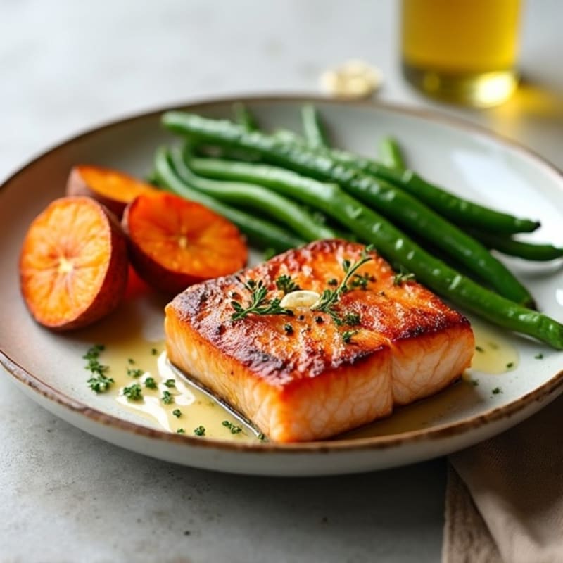 Seared Salmon with Roasted Sweet Potato and Garlic Green Beans