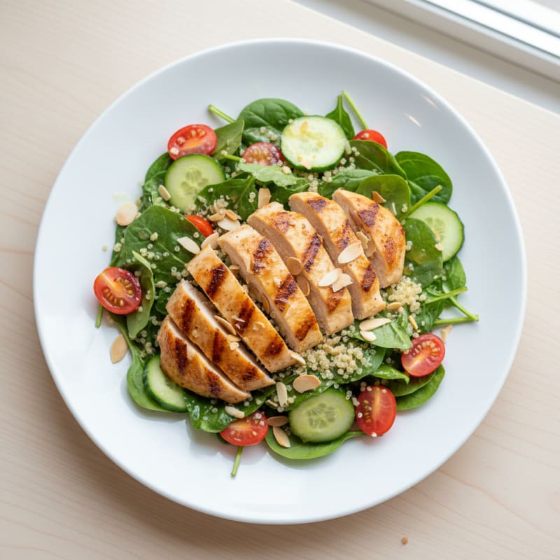 Grilled Chicken and Quinoa Salad with Fresh Spinach and Lemon Vinaigrette