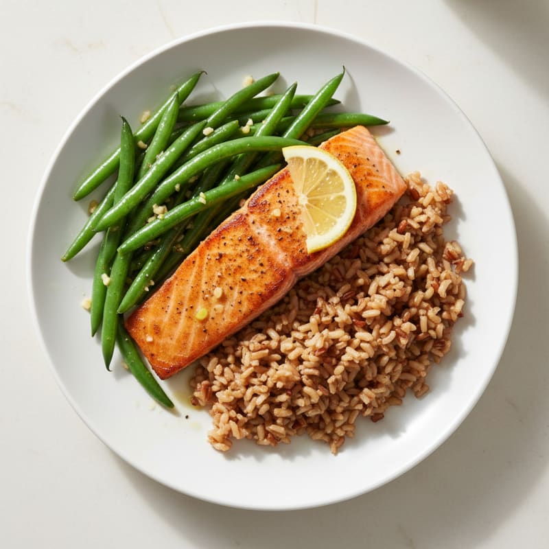Seared Salmon Fillet with Garlic Green Beans and Brown Rice