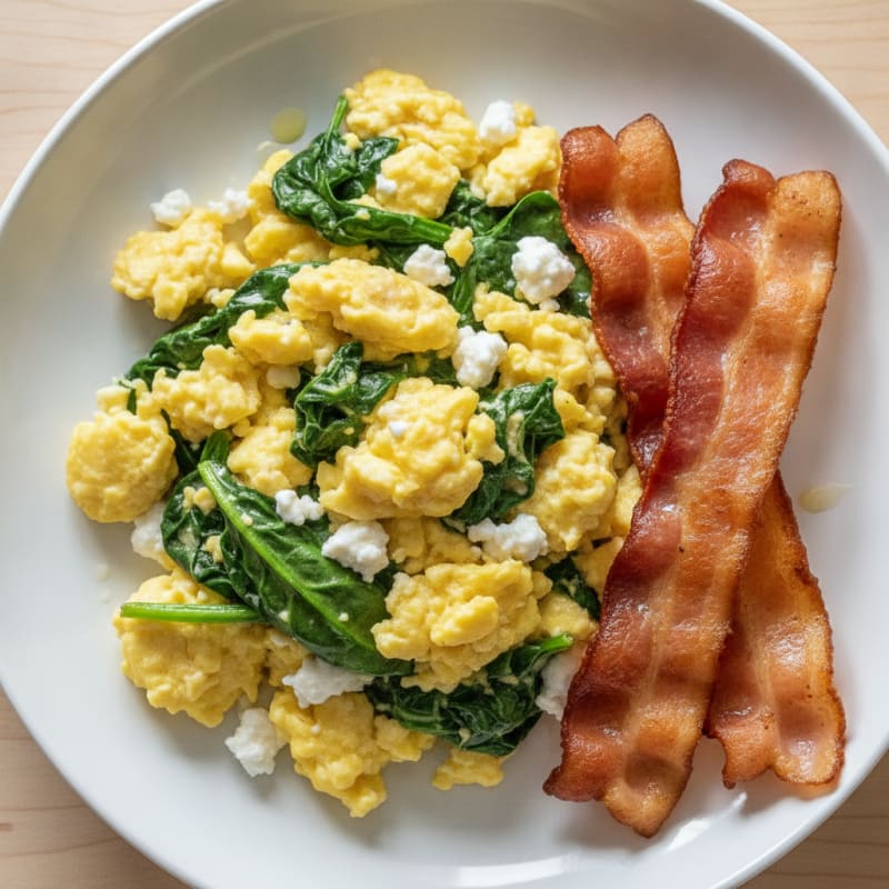 Cottage Cheese Egg Scramble with Sautéed Spinach and Turkey Bacon