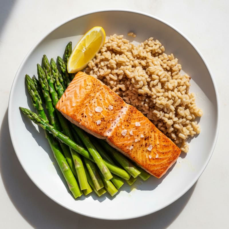 Seared Salmon with Steamed Asparagus and Brown Rice