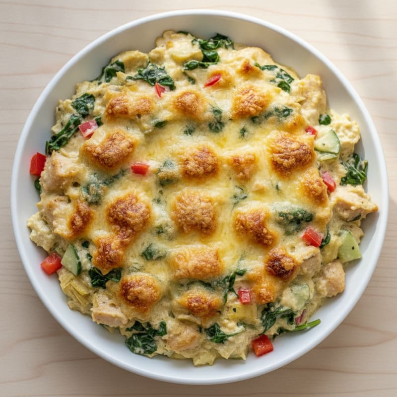 High-Protein Baked Spinach Artichoke Chicken Dip