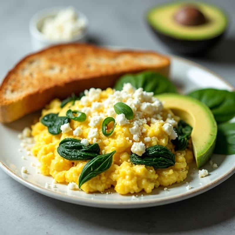 Creamy Scrambled Eggs with Fresh Spinach, Avocado, and Crispy Sourdough Toast