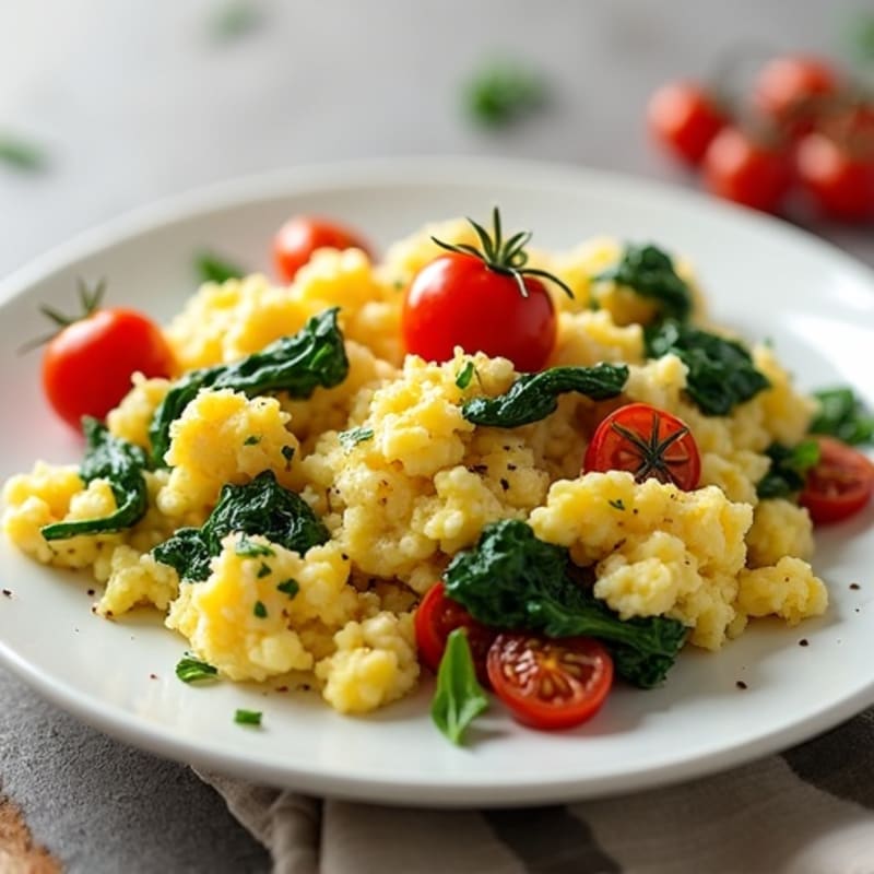 Fluffy Egg Scramble with Sautéed Spinach and Cherry Tomatoes