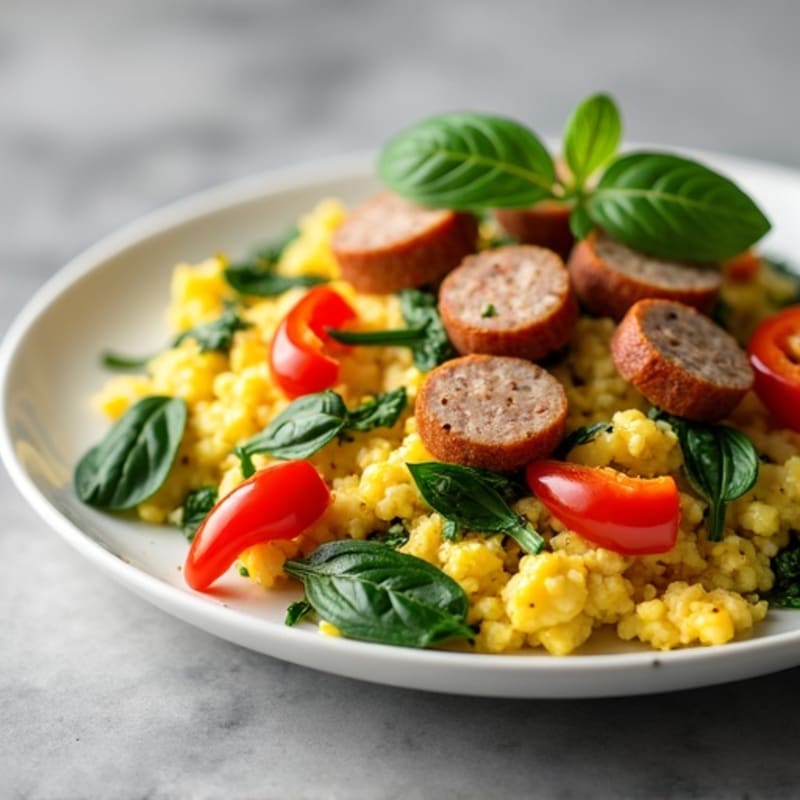 Egg White and Turkey Sausage Scramble with Spinach and Bell Peppers