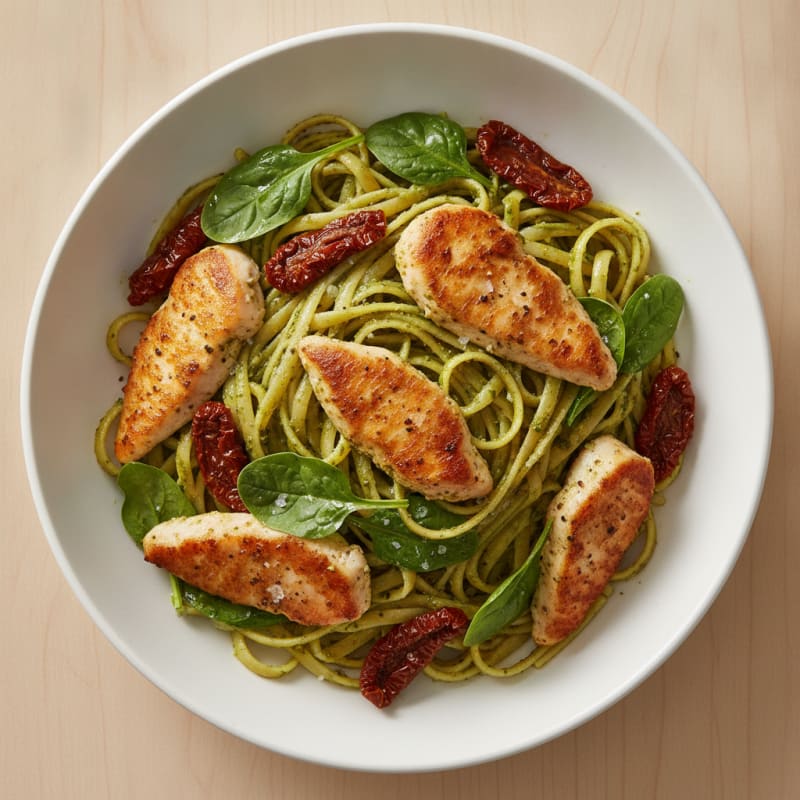 Pesto Chicken Linguine with Sun-Dried Tomatoes