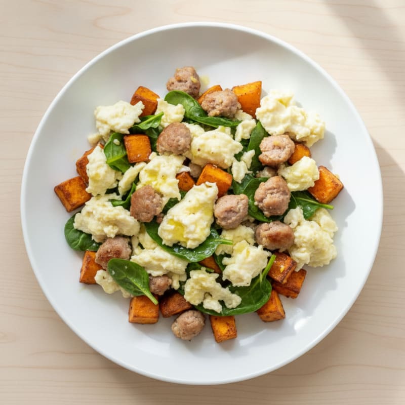 Egg White and Turkey Sausage Scramble with Roasted Sweet Potatoes