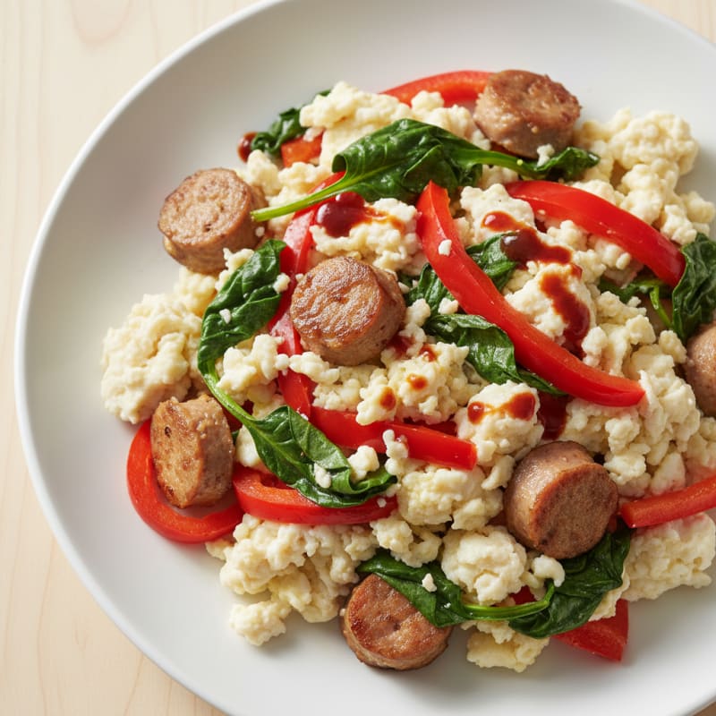 Egg White and Turkey Sausage Scramble with Spinach and Bell Peppers