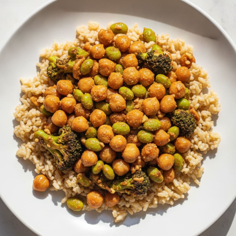 Creamy Chickpea and Edamame Stir-Fry with Brown Rice