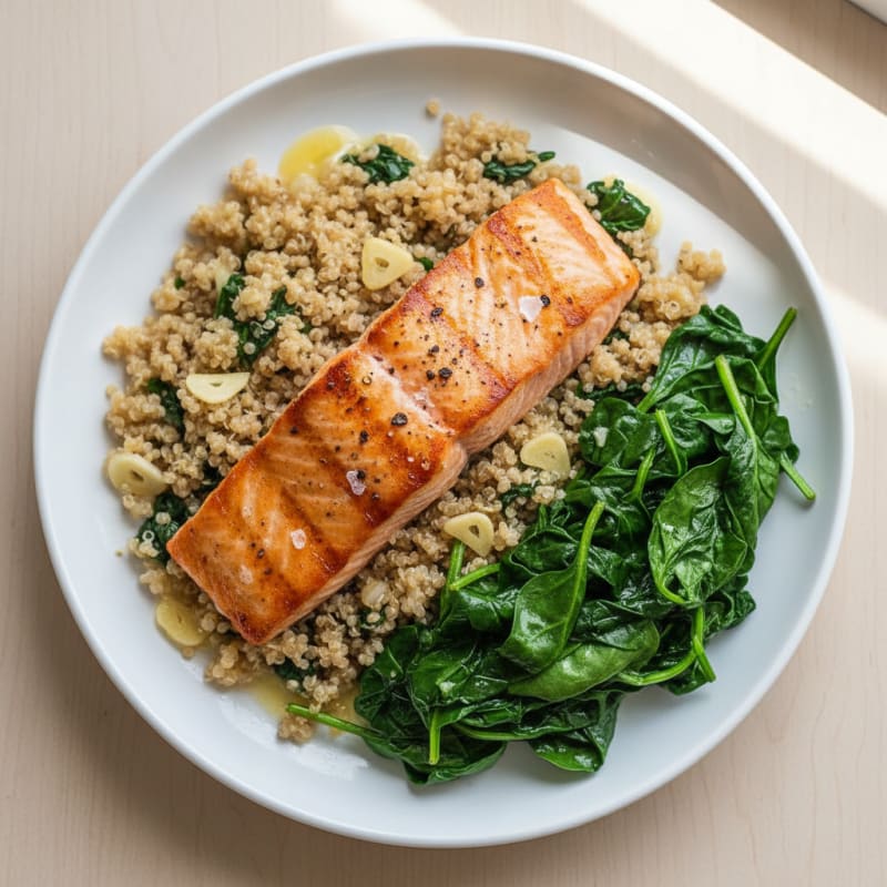 Seared Salmon with Garlic Quinoa and Wilted Spinach