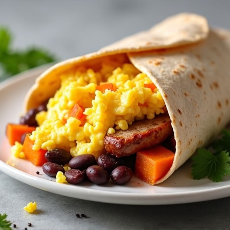 Scrambled Egg and Turkey Sausage Burrito with Roasted Sweet Potato and Black Beans