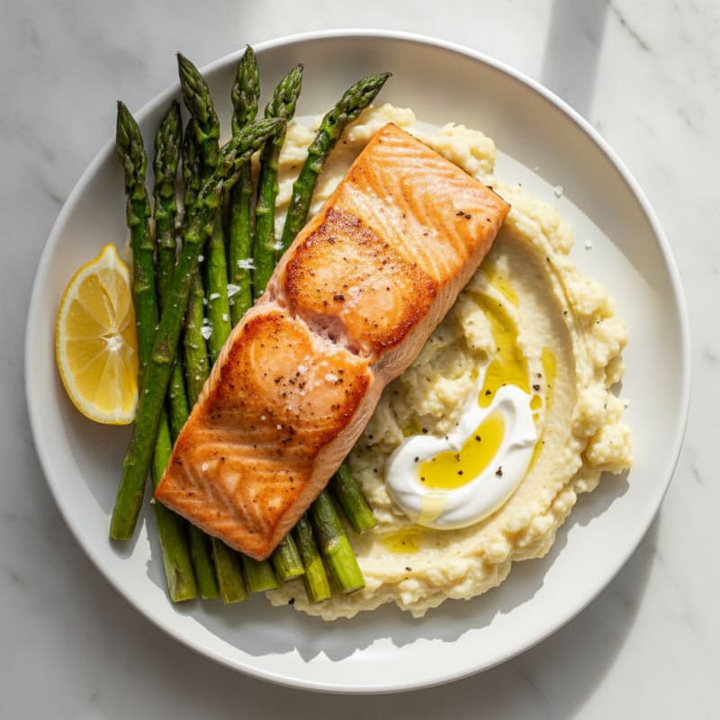 Seared Salmon with Roasted Asparagus and Cauliflower Mash