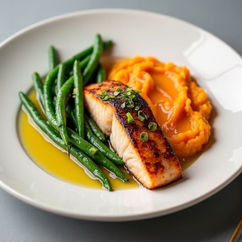 Seared Salmon with Garlic Green Beans and Sweet Potato Mash