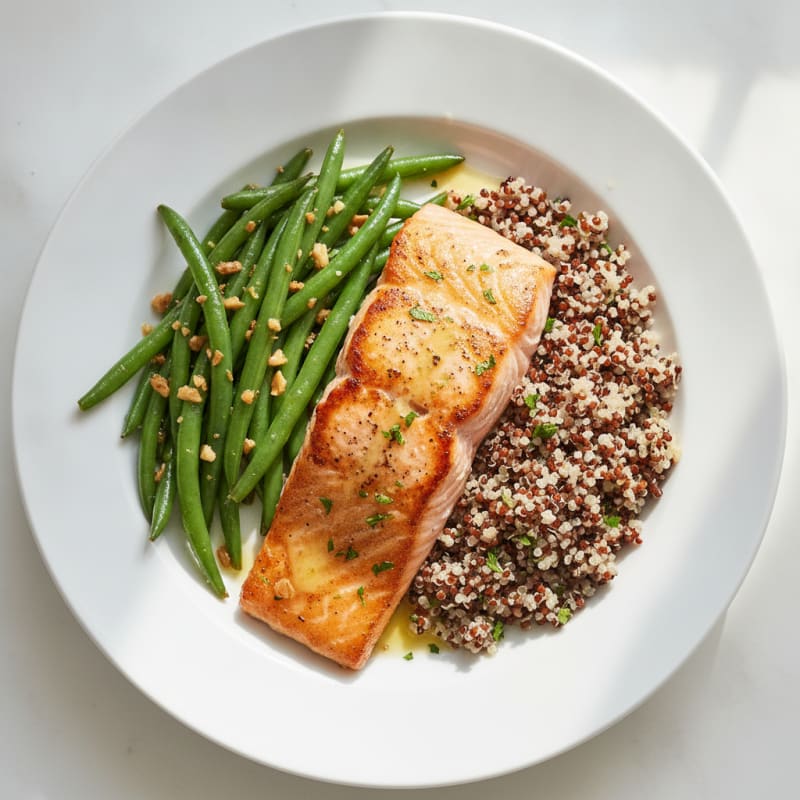 Seared Salmon with Garlic Green Beans and Quinoa Pilaf