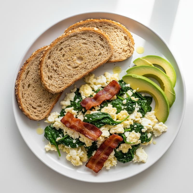 Crispy Turkey Bacon and Egg White Scramble with Sautéed Spinach