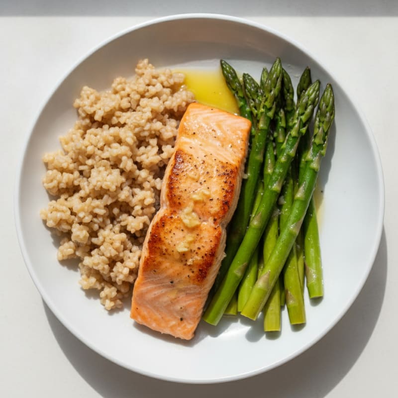Seared Salmon with Steamed Asparagus and Brown Rice