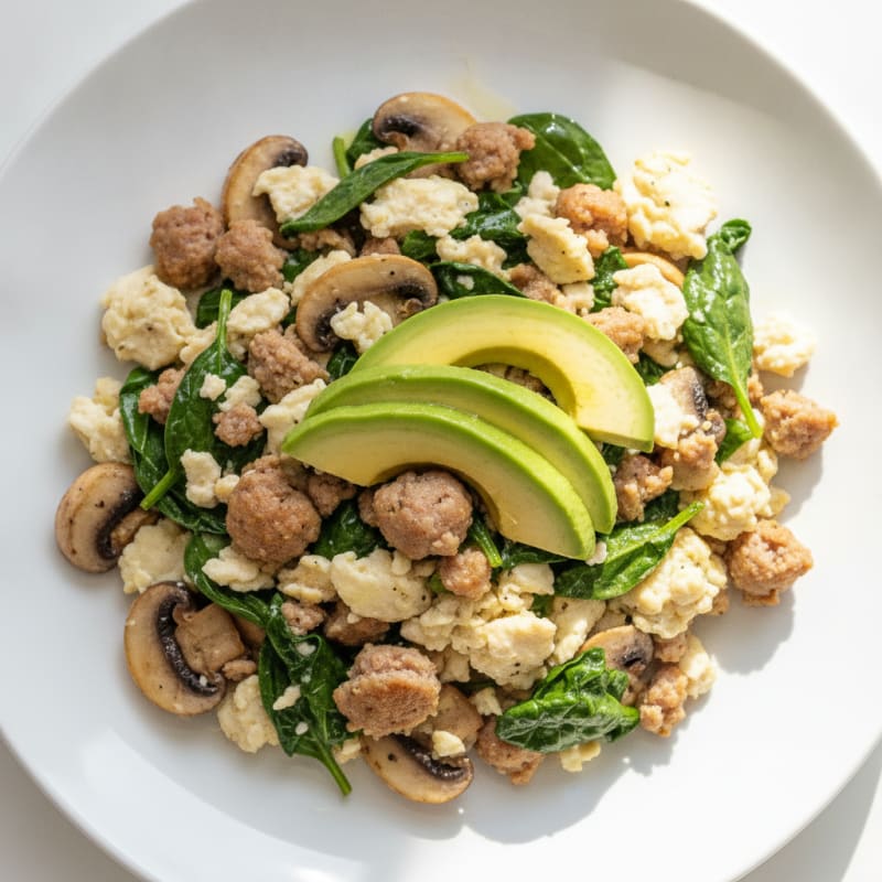Egg White and Turkey Sausage Scramble with Spinach and Mushrooms