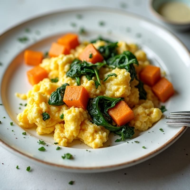 Creamy Scrambled Eggs with Sautéed Greens and Sweet Potato