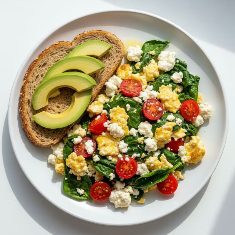 Cottage Cheese and Egg White Scramble with Spinach and Cherry Tomatoes