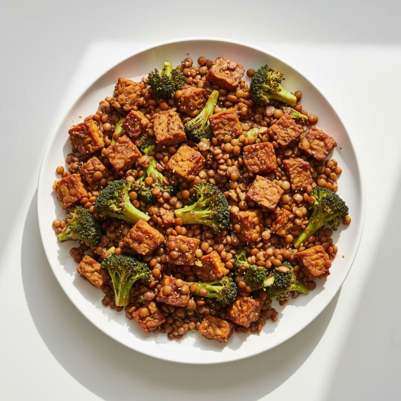 Lentil and Tempeh Sheet Pan Bake with Roasted Broccoli
