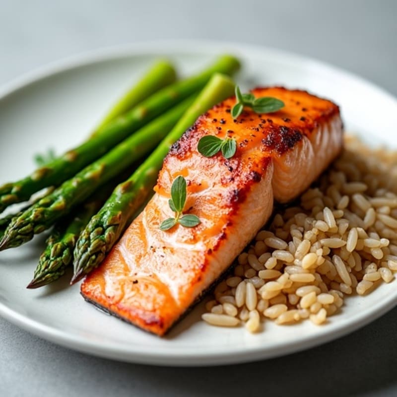 Seared Salmon with Steamed Asparagus and Brown Rice