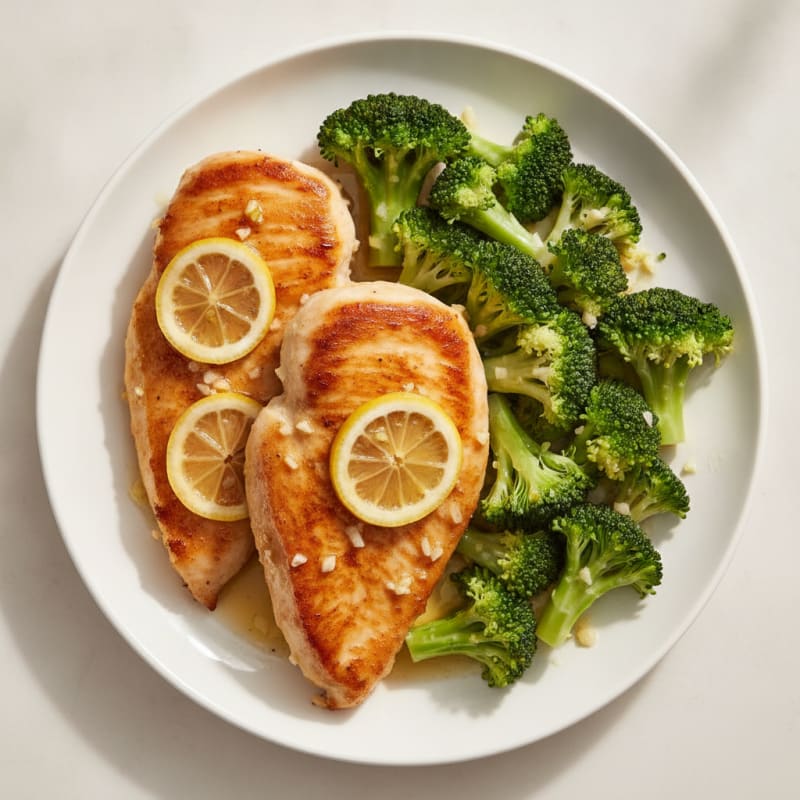 Lemon Garlic Pan Seared Chicken with Steamed Broccoli