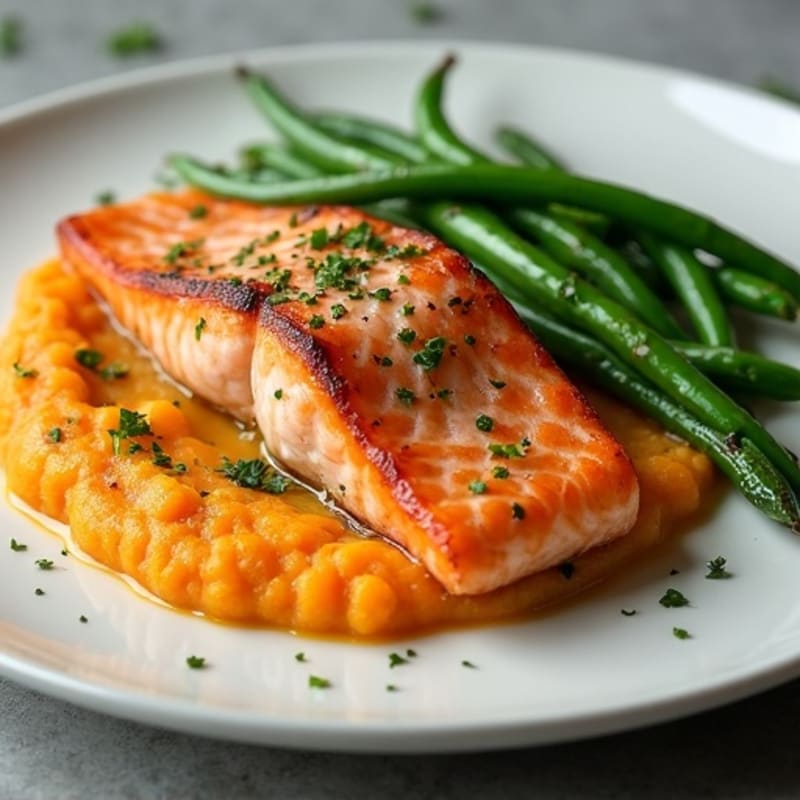 Seared Salmon with Garlic Green Beans and Sweet Potato Mash