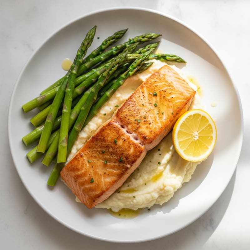 Seared Salmon with Steamed Asparagus and Cauliflower Mash