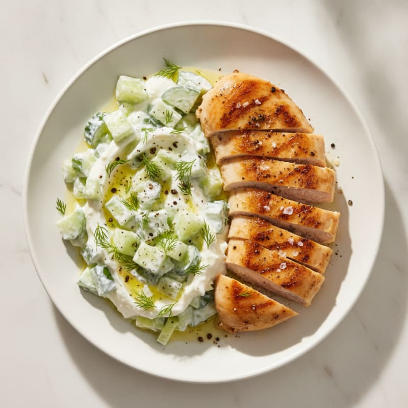 Cucumber Yogurt Salad with Dill and Seared Chicken
