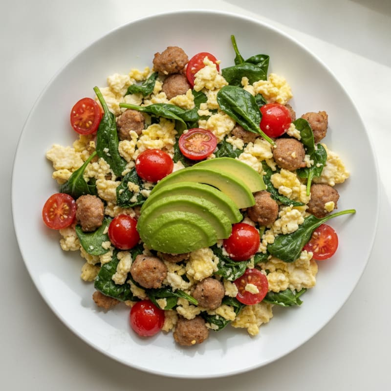 Egg White and Turkey Sausage Scramble with Spinach and Tomatoes
