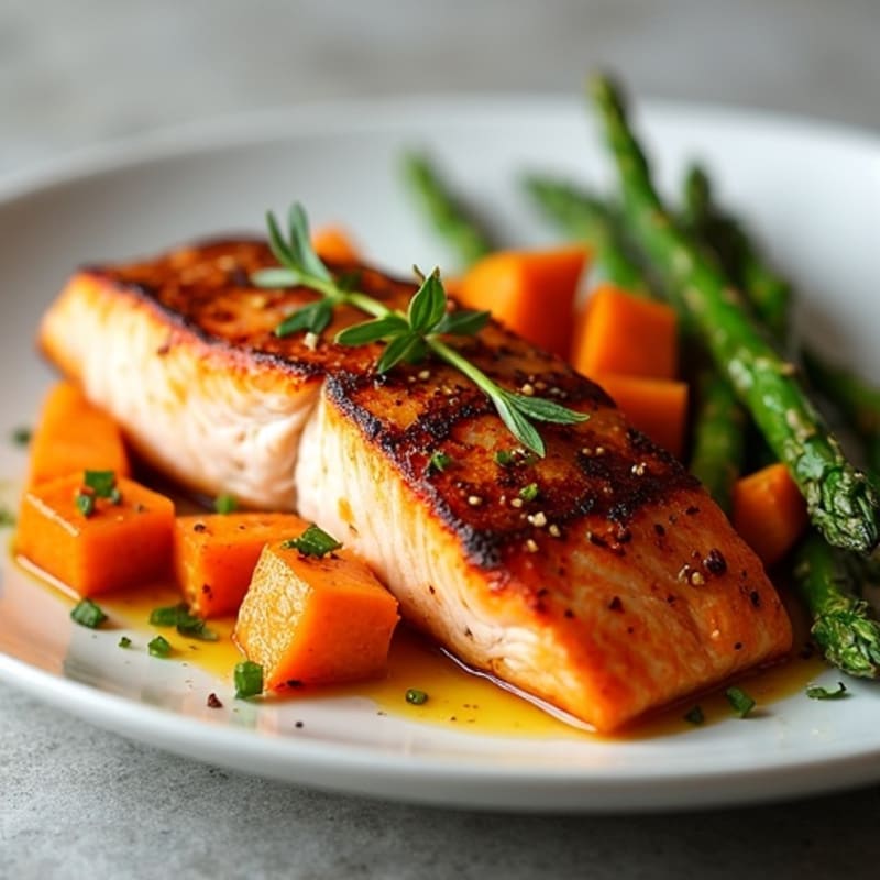 Seared Salmon Fillet with Roasted Sweet Potatoes and Asparagus