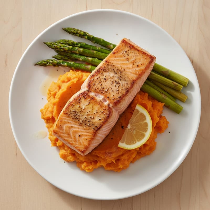 Seared Salmon with Roasted Asparagus and Sweet Potato Mash