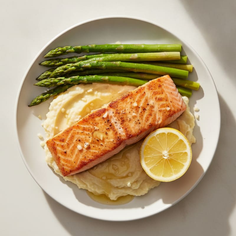 Pan-Seared Salmon with Steamed Asparagus and Cauliflower Mash