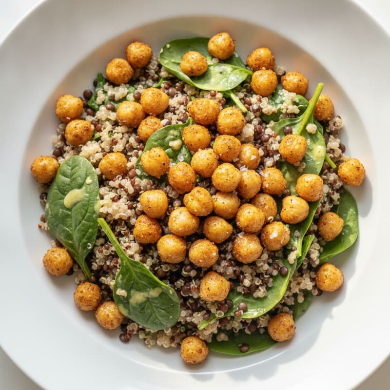 Crispy Lentil and Quinoa Salad with Roasted Chickpeas