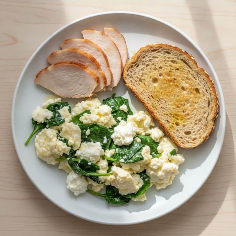 Egg White Spinach Scramble with Cottage Cheese and Sliced Turkey