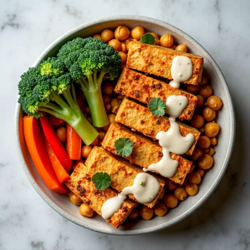 Crispy Baked Tofu and Roasted Vegetable Buddha Bowl with Creamy Tahini