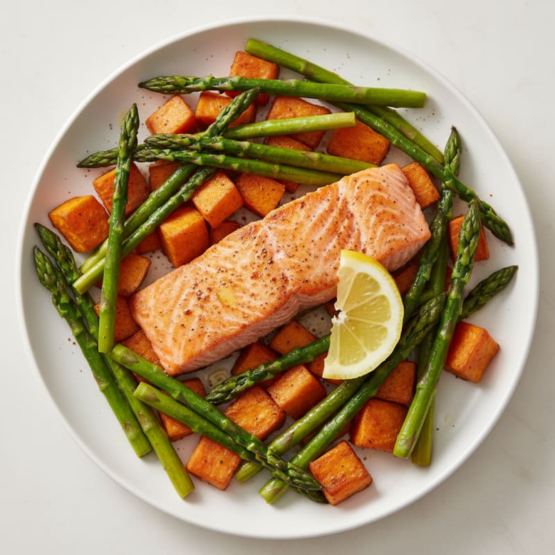 Seared Salmon with Roasted Sweet Potatoes and Asparagus