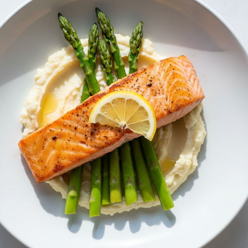 Seared Salmon Fillet with Steamed Asparagus and Cauliflower Mash