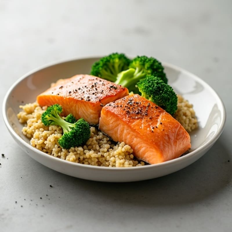 Seared Salmon Fillet with Steamed Broccoli and Quinoa