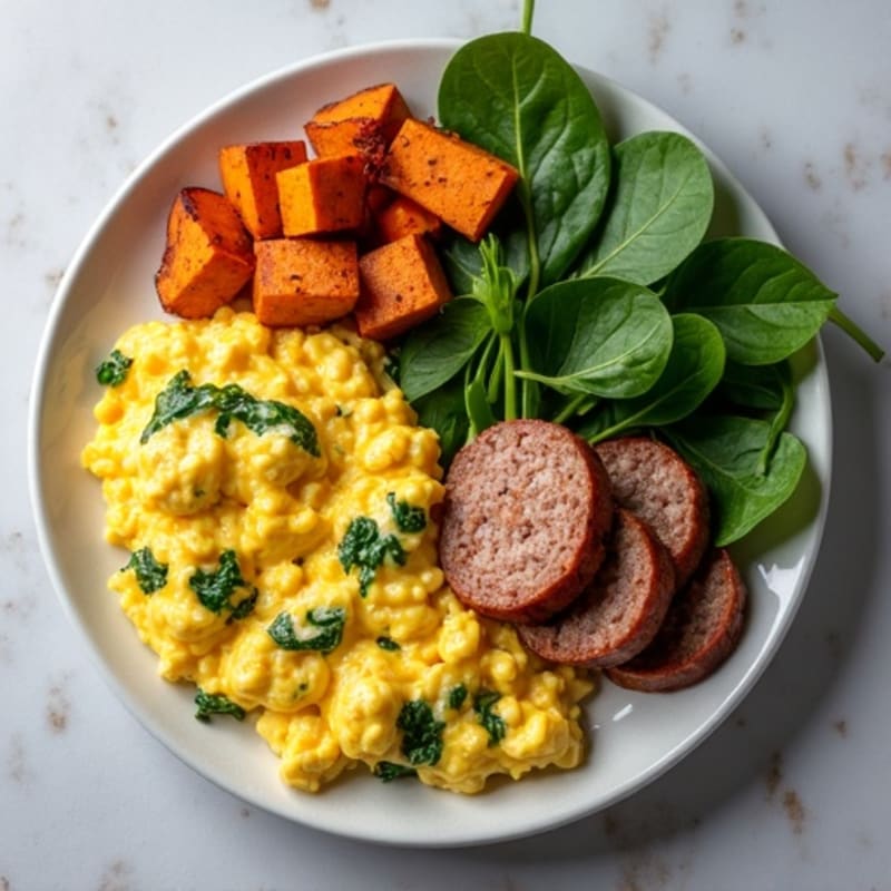 Egg White and Turkey Sausage Scramble with Spinach and Roasted Sweet Potato