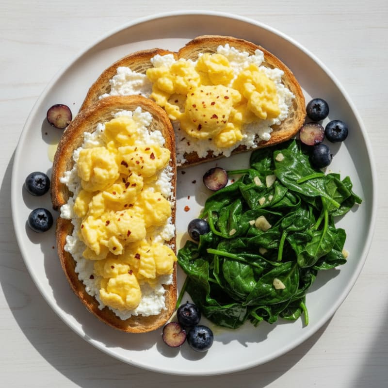 Cottage Cheese and Egg Sourdough Toast with Sautéed Spinach