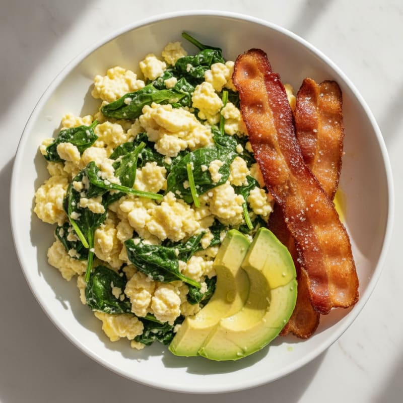 Cottage Cheese Egg Scramble with Sautéed Spinach and Turkey Bacon