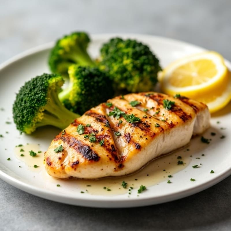 Grilled Chicken Breast with Roasted Broccoli and Lemon