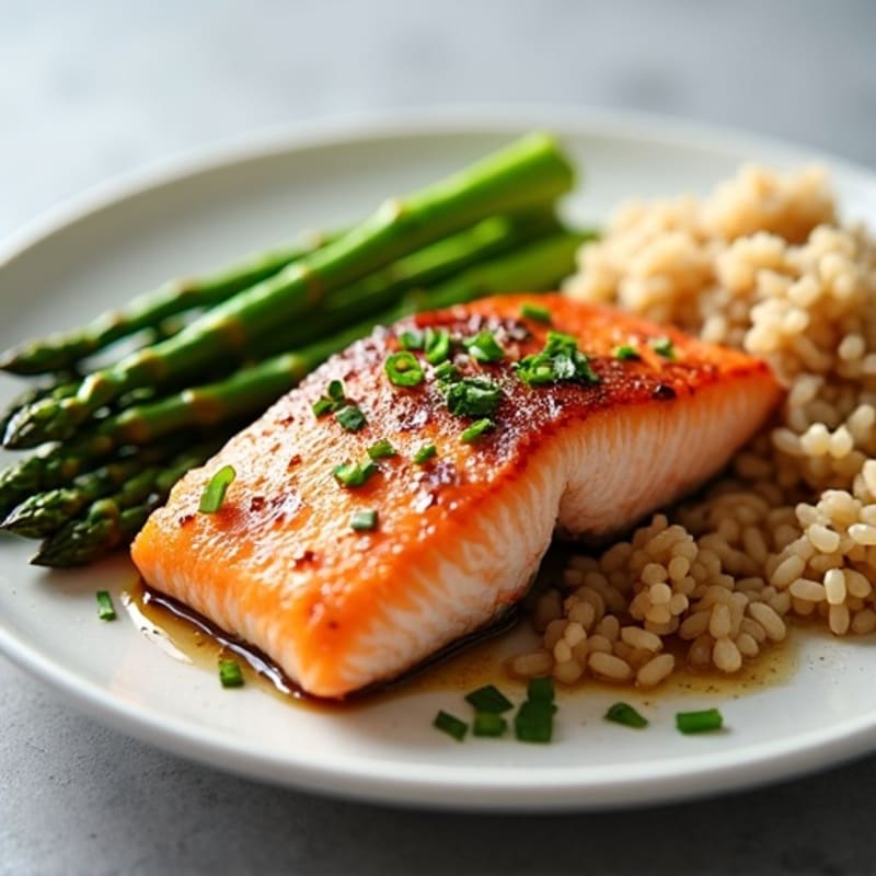 Seared Salmon Fillet with Steamed Asparagus and Brown Rice