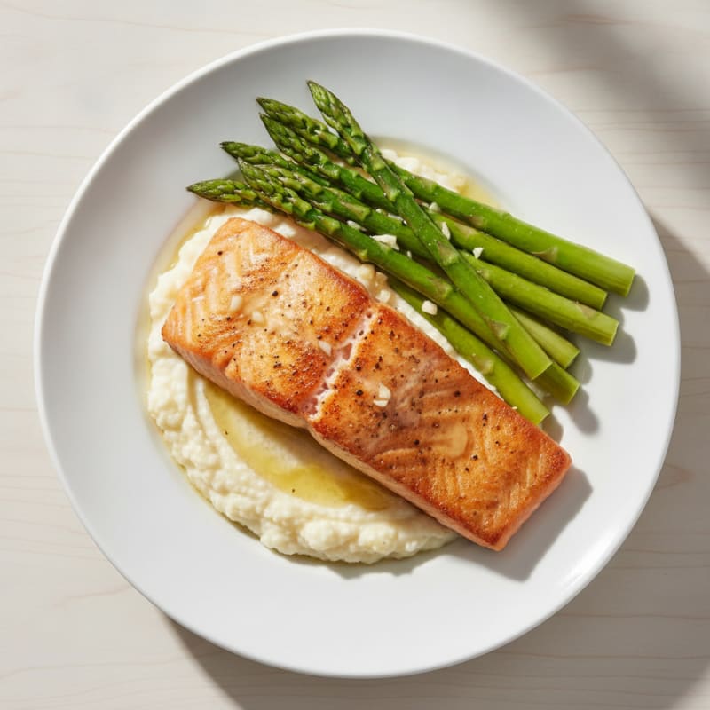 Seared Salmon Fillet with Steamed Asparagus and Cauliflower Mash