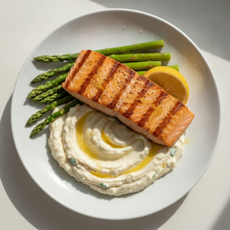 Seared Salmon with Steamed Asparagus and Cauliflower Mash