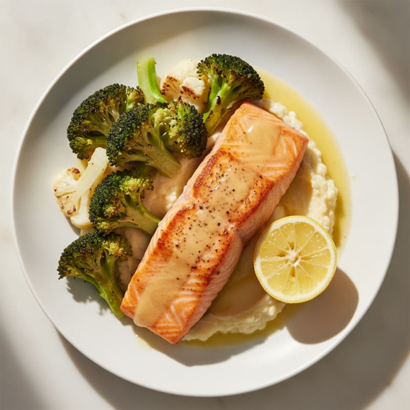 Seared Salmon with Roasted Broccoli and Cauliflower Mash