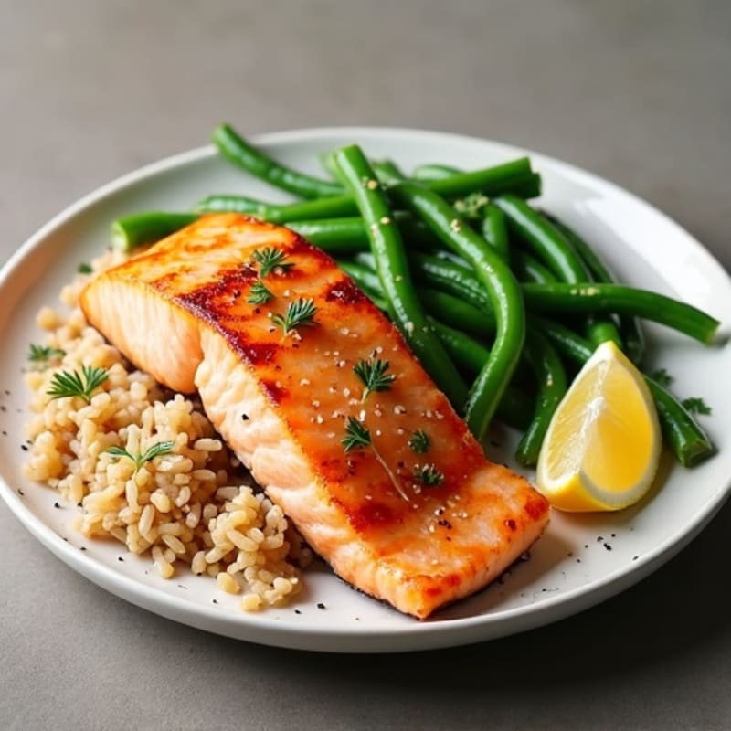 Seared Salmon with Garlic Green Beans and Brown Rice